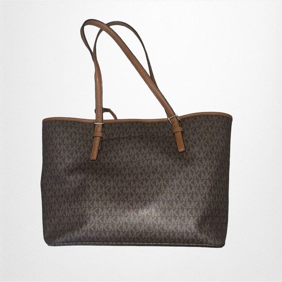 Michael Kors Jet Set Travel Tote Medium Logo Brown with Yellow/Taupe Stripe - Picture 2 of 8